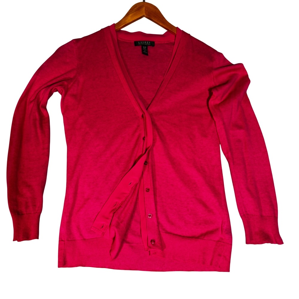 Lauren Ralph Lauren Pink Linen Cotton Blend V-Neck Cardigan Sweater Womens M